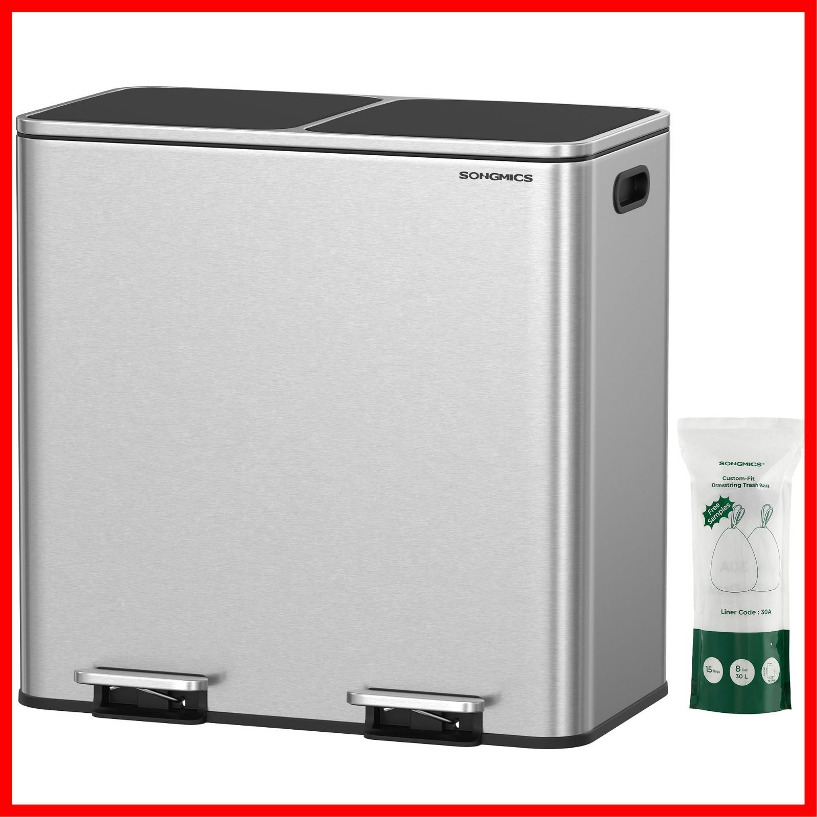 LTB730E80 蓋付き ベランダ キチン 室内 横型 おしゃれ 音無し 密閉 ステンレス インナーバケット2つ ポリ袋付き 2×40L 2分別 ペダル式 ダストボックス ゴミ箱 SONGMICS