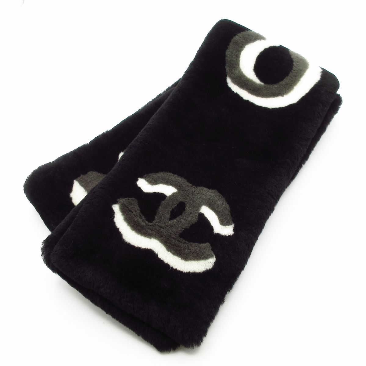 CHANEL シャネル マフラー - AA7074 黒×白×グレー ココマーク ロゴ カシミヤ ムートン