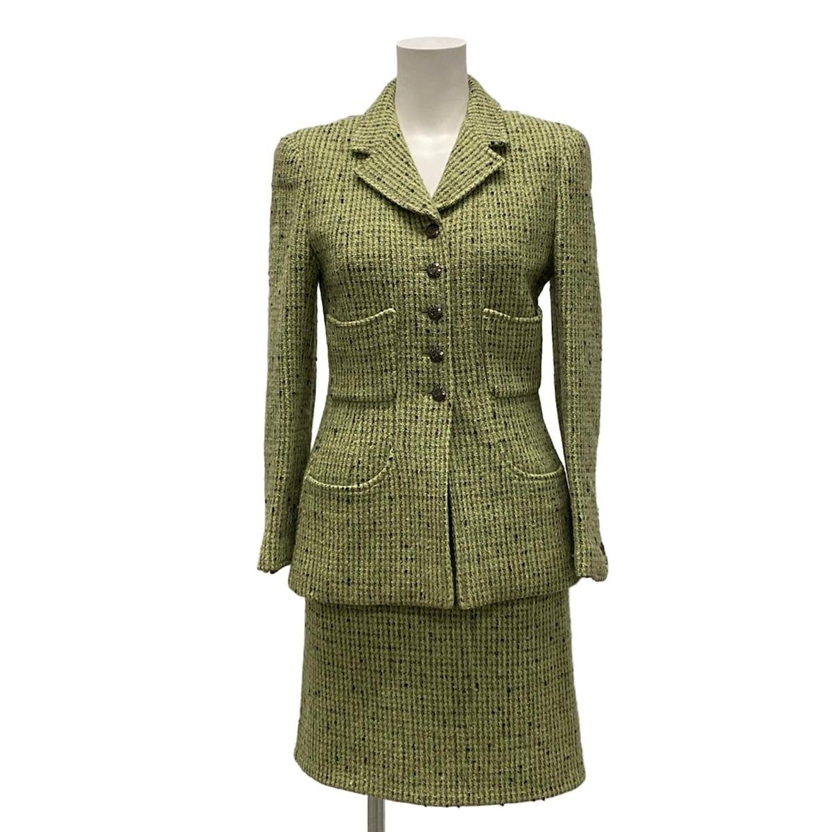 CHANEL シャネル スカートスーツ サイズ38 M レディース - P09713 ライトグリーン×黒×ベージュ ツイード 秋 冬 ウール シルク