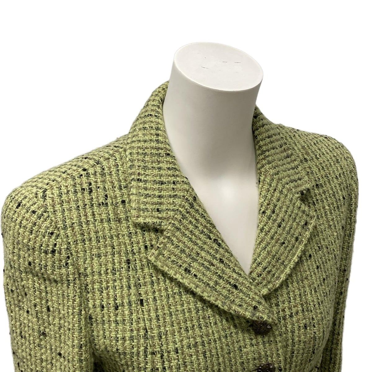 CHANEL シャネル スカートスーツ サイズ38 M レディース P 09713 ライトグリーン 黒 ベージュ ツイード 秋 冬 ウール シルク ジャケット タイトシルエット