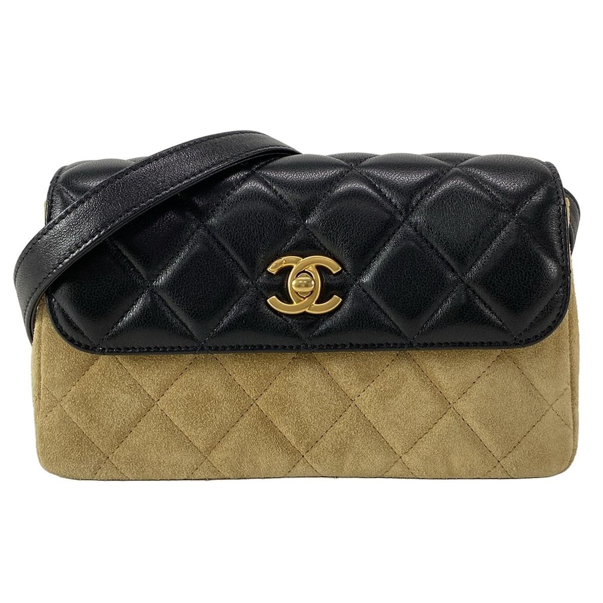 CHANEL シャネル ショルダーバッグ ミニ マトラッセ フラップフォンケース ベージュ×黒 25A バイ ラムスキン