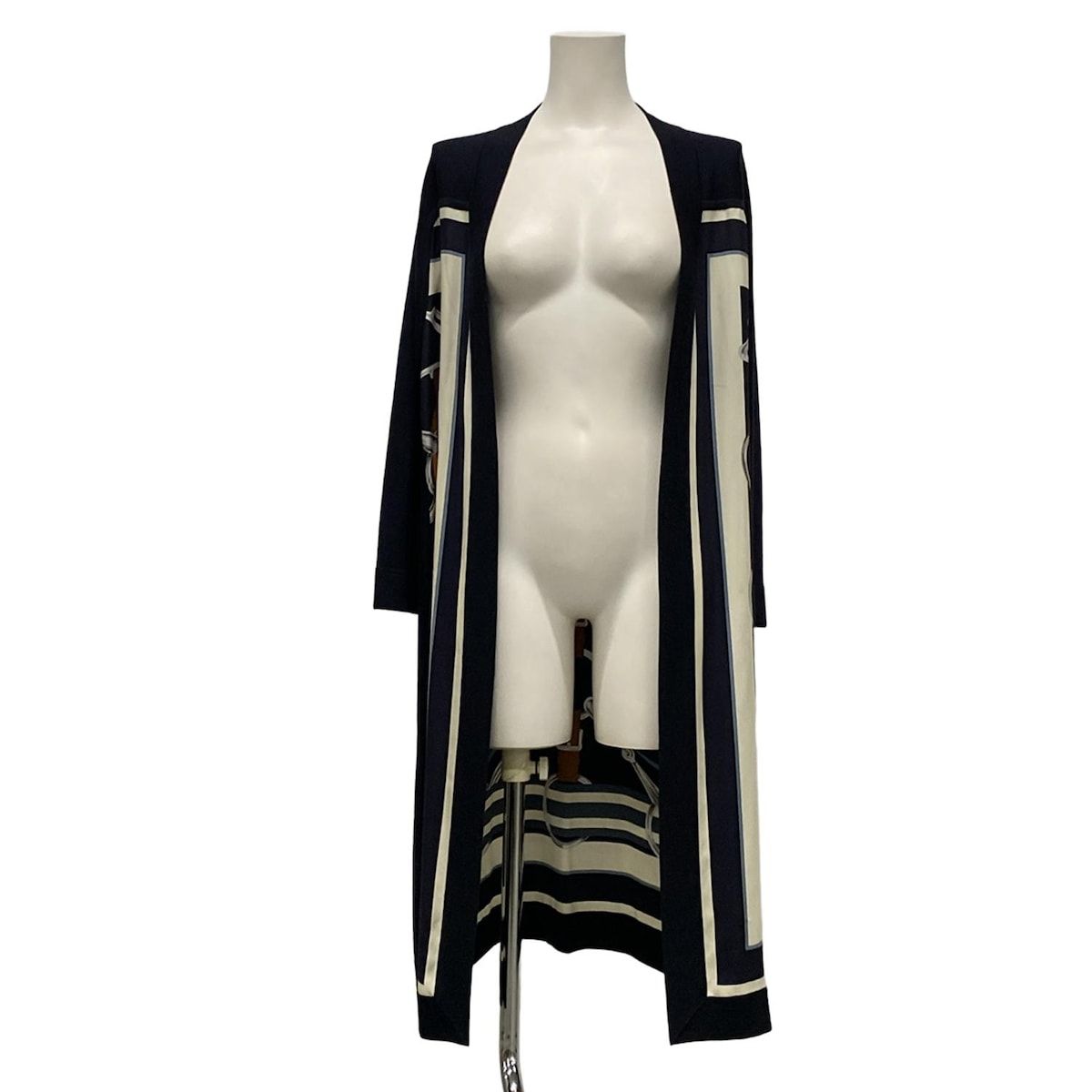 HERMES エルメス カーディガン サイズ38 M レディース - ネイビー×白×マルチ 長袖 ロング丈 カシミヤ シルク