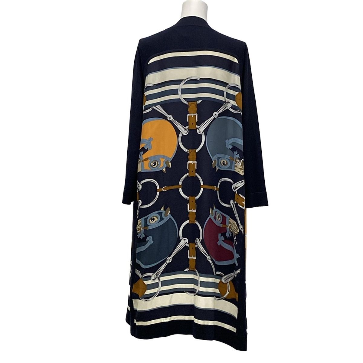 HERMES エルメス カーディガン サイズ38 M レディース - ネイビー×白×マルチ 長袖 ロング丈 カシミヤ シルク