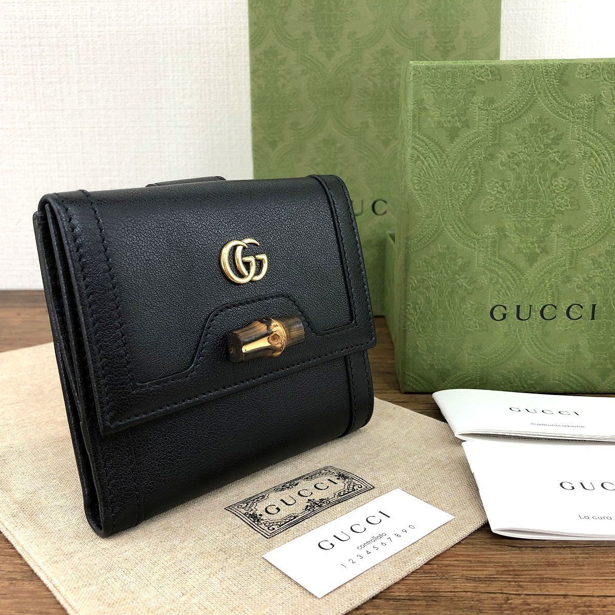 194 み GUCCI Wホック財布 671789 ダイアナ ブラック バンブー プチマーモント