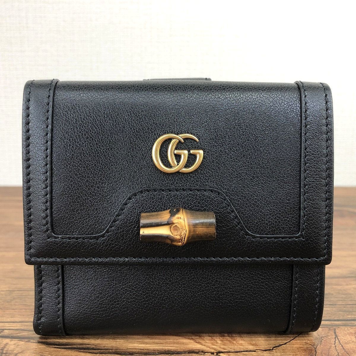 194 み GUCCI Wホック財布 671789 ダイアナ ブラック バンブー プチマーモント