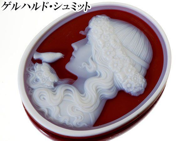 ジュエリー ゲルハルド シュミット作 美しい貴婦人と小鳥の彫刻 大判絶品レッドトーンカメオルース k1001m