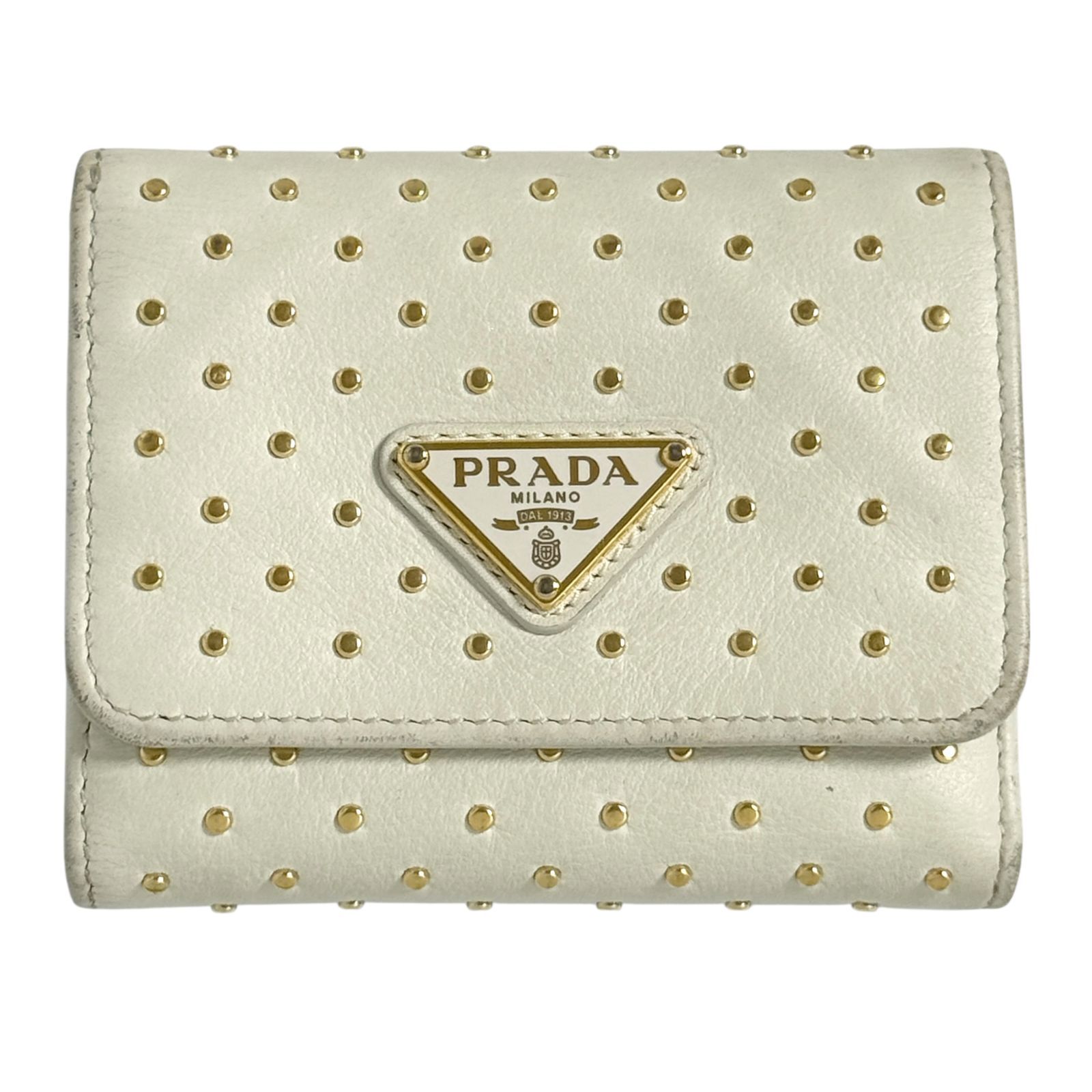 プラダ レディース スタッド レザー 3つ折り 財布 オフホワイト コンパクト
