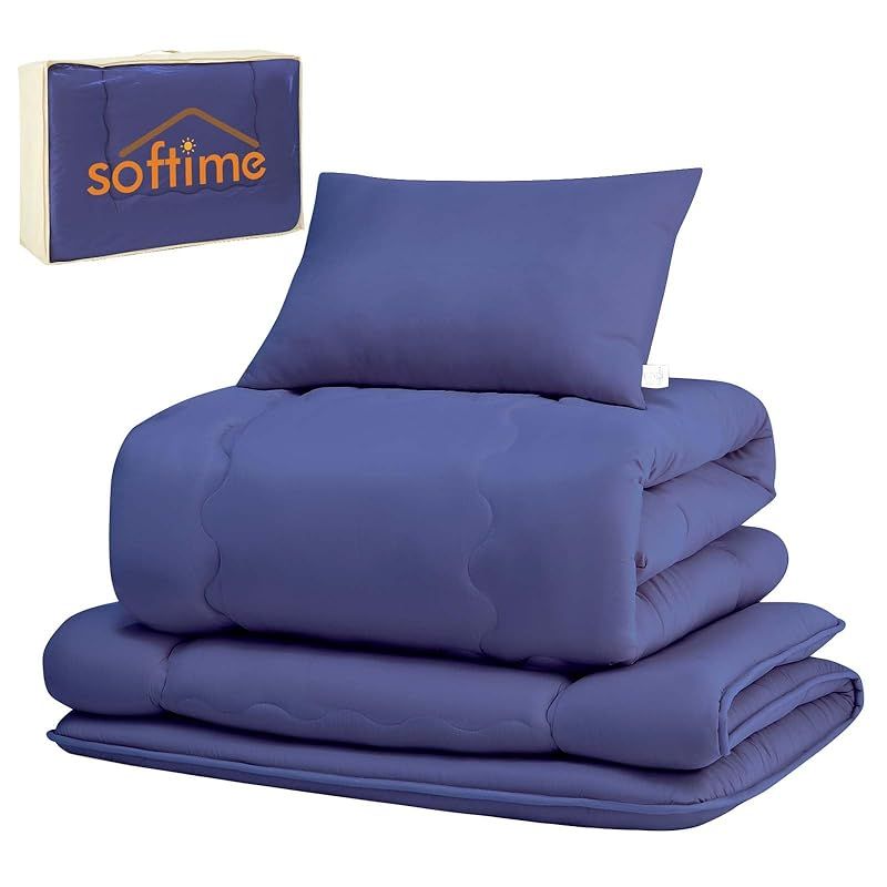 在庫 Softime 布団セット セミダブル 4点セット 中綿1.8kg掛け布団 高密度固綿入り 三層敷き布団 ふわふわ枕 便利な収納ケース 来客用布団セット SEK認証 抗菌 防臭 寝具セット ピーチスキン加工 オールシーズン プルシャンブルー