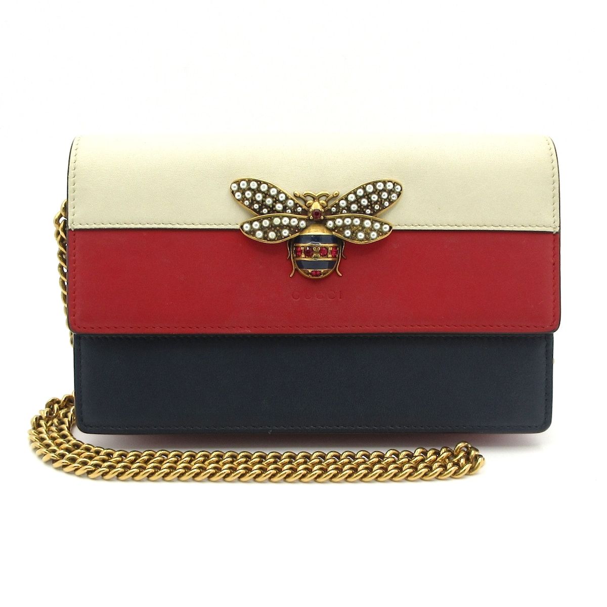 グッチ 財布 クイーンマーガレット 476079 アイボリー×レッド×ネイビー チェーンウォレット ビー 蜂 ビジュー トリコロール レザー