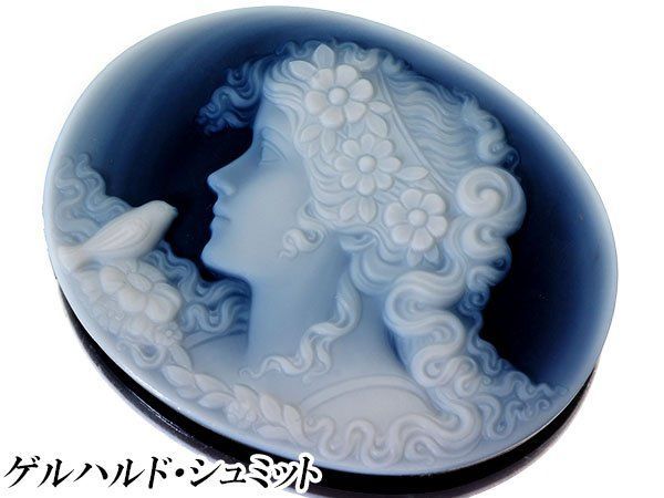 ジュエリー ゲルハルド シュミット作 華やかな美女と小鳥の彫刻 絶品ブルーストーンカメオルース k1004m