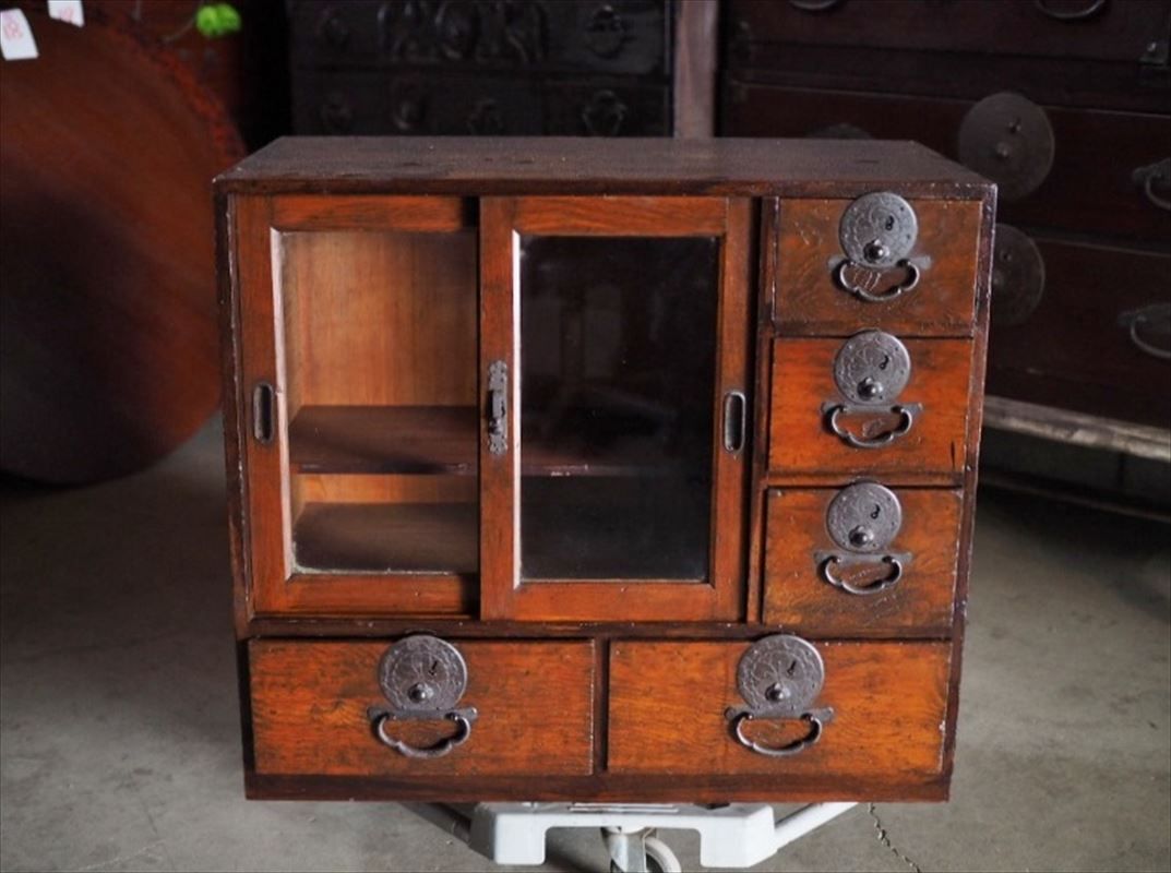 大正時代の山形米沢地方ガラスキャビネット 大正13年墨書 古録展 品番S 10868