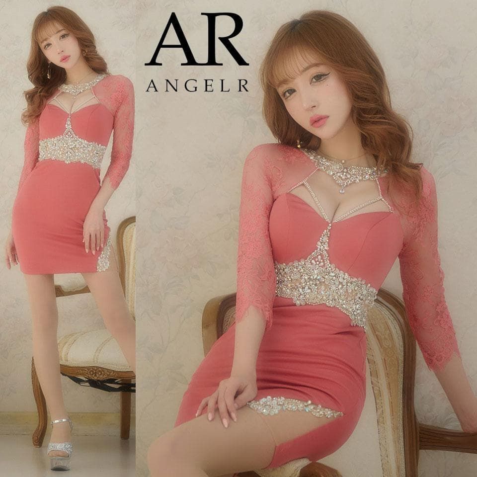 AngelR エンジェルアール デコルテウエストスパンコールビジューロングスリーブミニドレス