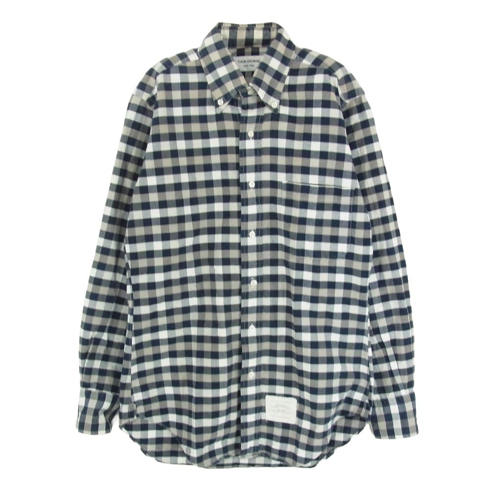 THOM BROWNE トムブラウン ギンガムチェック ポケット 長袖 ボタンダウン シャツ ネイビー系 ホワイト系