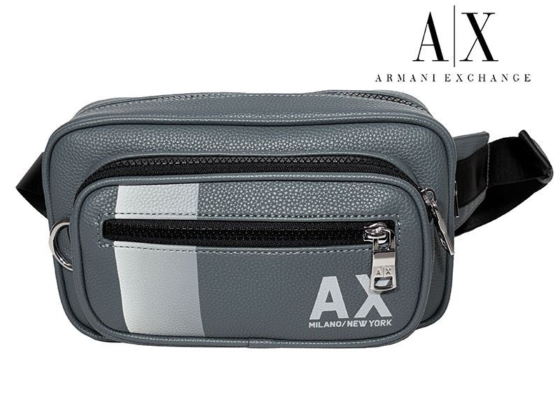 アルマーニ エクスチェンジ クロスボディーバッグ ARMANI 952522 4 R 818 44984 AXロゴ入り グリーングレー系 トリプルジッパーポケット ベルトバッグ ウエストポーチ ヒップバッグ
