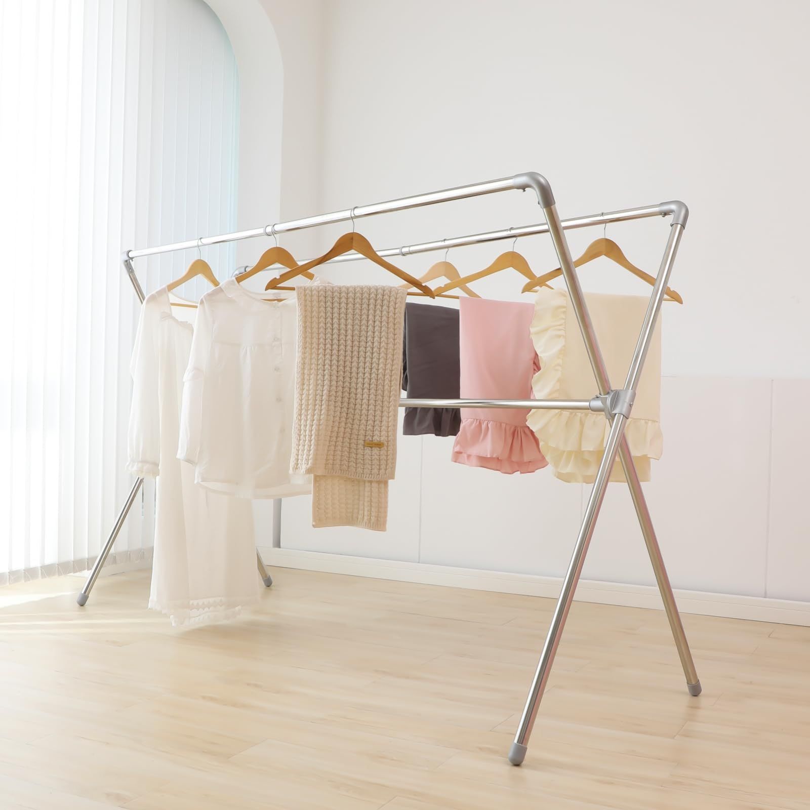頑丈設計 ベランダ 屋外 室内 高耐荷重 アルミ 折りたたみ コンパクト 簡単組立 伸縮式 ステンレス製 伸縮式 タオルスタンド 物干し 幅約115-200cm タオル掛け X型 布団干し 高さ約125cm 洗濯物干し 物干しスタンド IMIE