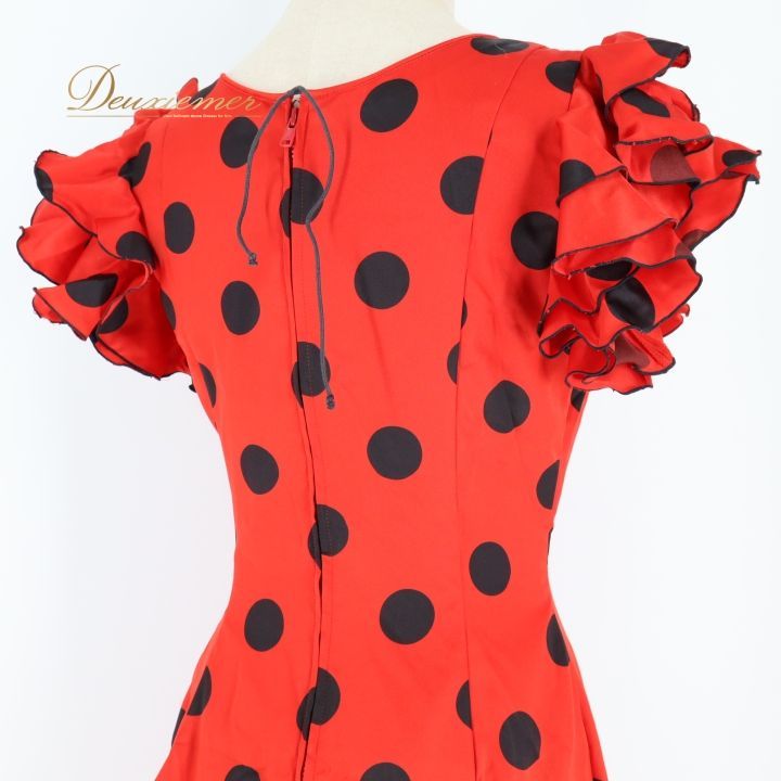 フラメンコ 衣装 ワンピース ドレス 赤 黒 ボランテ フリル ドット