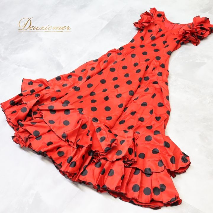 フラメンコ 衣装 ワンピース ドレス 赤 黒 ボランテ フリル ドット
