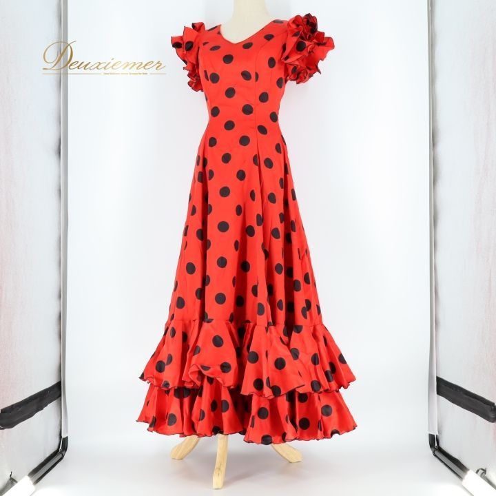 フラメンコ 衣装 ワンピース ドレス 赤 黒 ボランテ フリル ドット