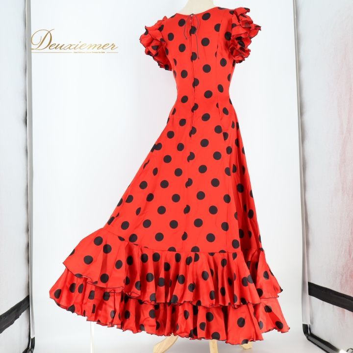 フラメンコ 衣装 ワンピース ドレス 赤 黒 ボランテ フリル ドット
