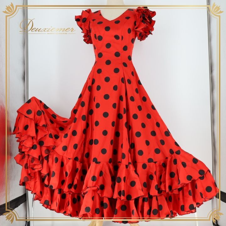 フラメンコ 衣装 ワンピース ドレス 赤 黒 ボランテ フリル ドット