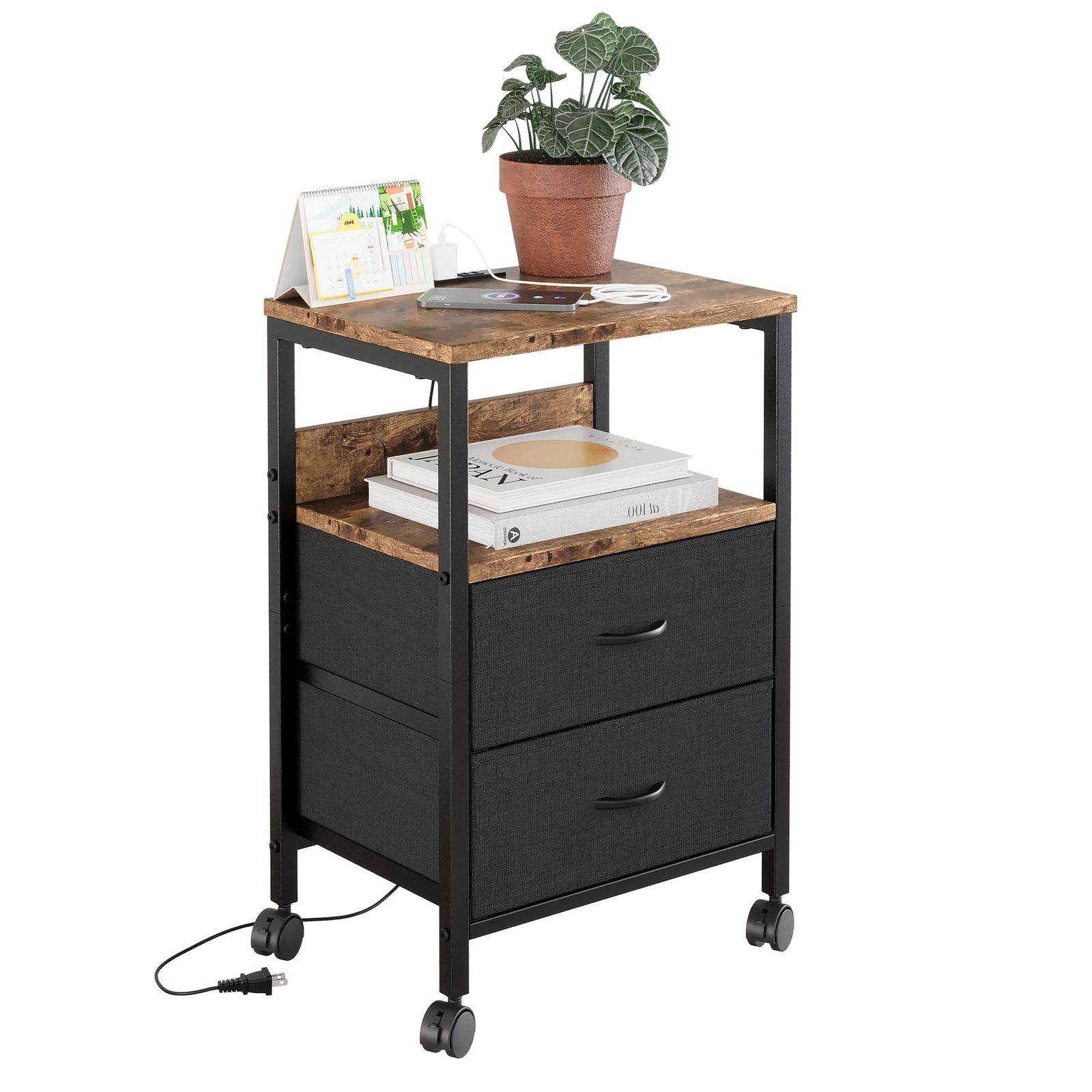 サイドテーブル キャスター付き ナイトテーブル 2つ引き出し付きのベッドサイド テーブル コンセント付き 可移動ナイトテーブル ベッド横 北欧 洋服 タンス 天板付き ビンテージ 幅40 奥行30 高さ63 cm