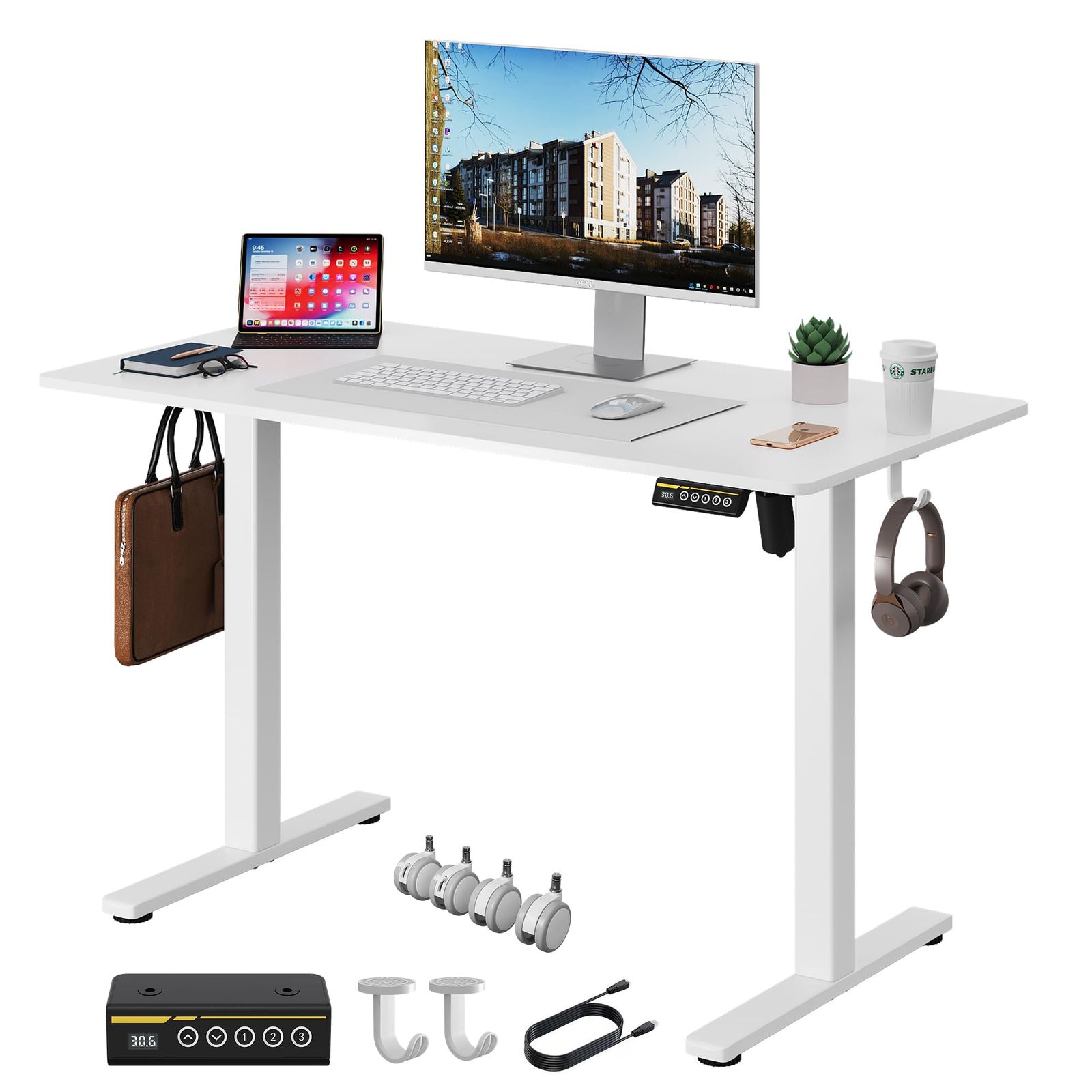 電動スタンディングデスク 高さ調整70 CM 118 ゲーミングデスク メモリ機能 フック ロック なキャスター サイレントモーター 勉強 ホームオフィス リモートオフィス 一人暮らしに最適