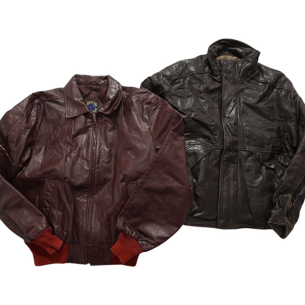 古着卸 まとめ売り ブルゾン型 レザー ジャケット 2枚セット (メンズ ) スイングトップ シングル 比翼 茶色  古着 NC6066
