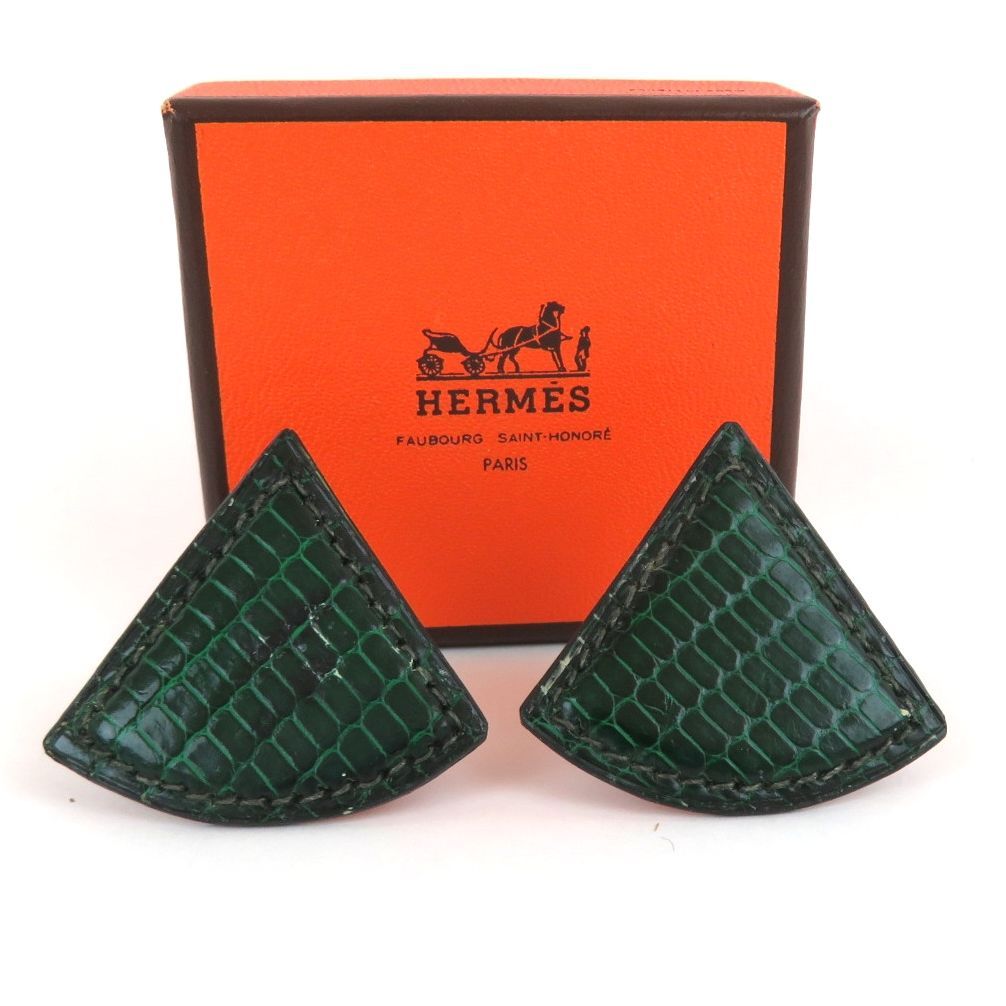 HERMES エルメス リザードスキンレザー イヤリング 三角 トライアングル 扇型 グリーン 外 rk9955
