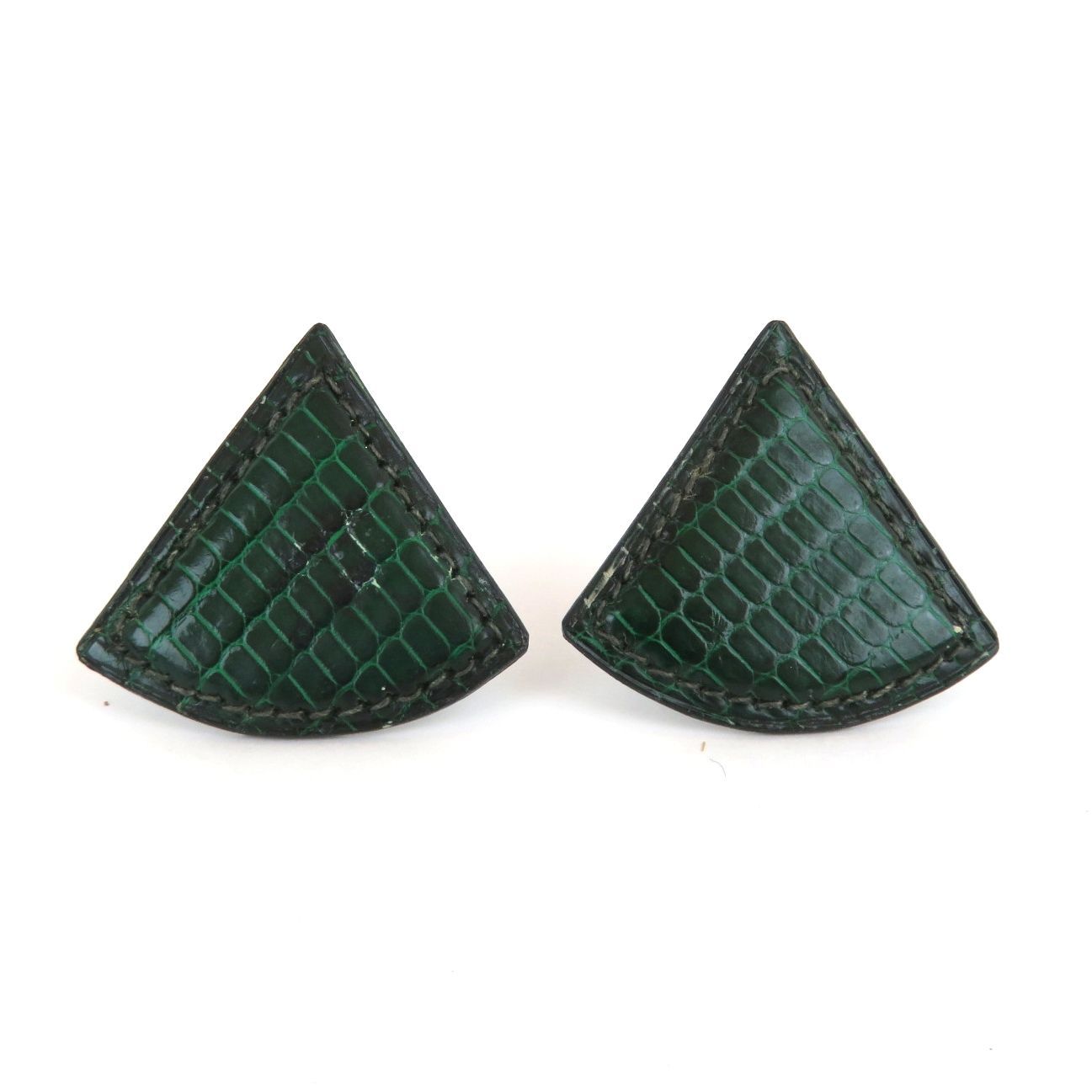 HERMES エルメス リザードスキンレザー イヤリング 三角 トライアングル 扇型 グリーン 外 rk 9955