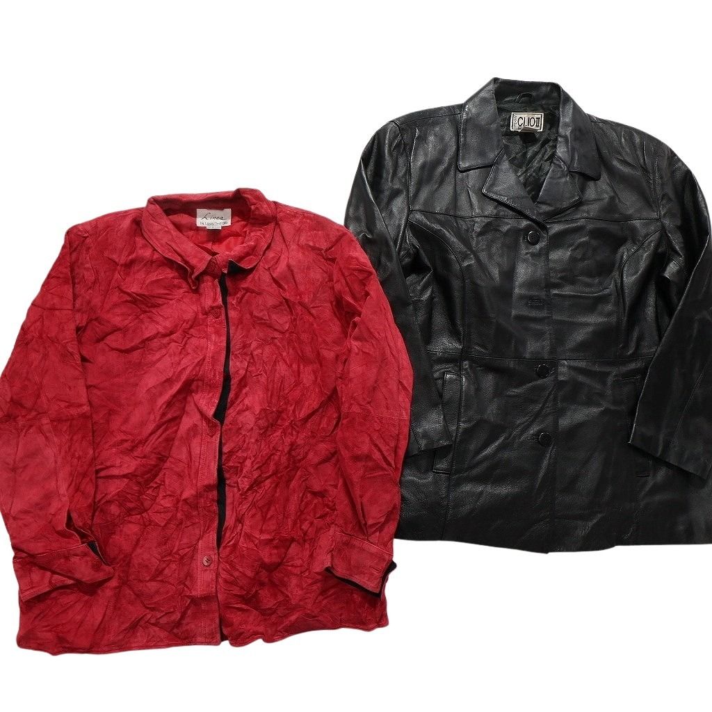 古着卸 レザー ジャケット MIX 2枚セット レディース オープン シャツジャケット ブラック レッド 古着 NC6122