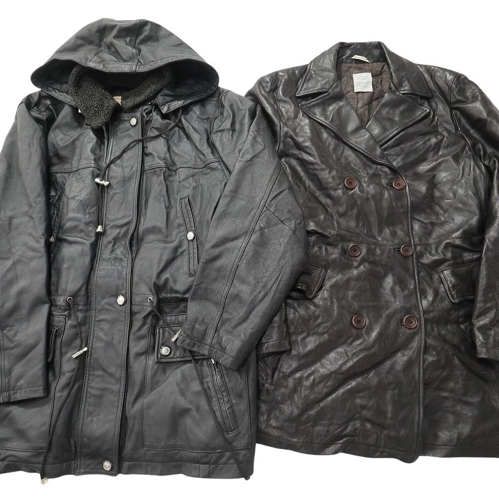 古着卸 レザー コート MIX 2枚セット レディース 裏地ボア ダブルブレスト フード 古着 NC6158
