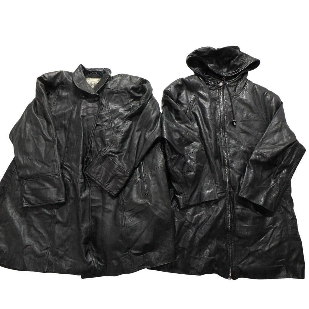 古着卸 レザー コート MIX 2枚セット レディース フルジップ ケープ フード ブラック 古着 NC6156