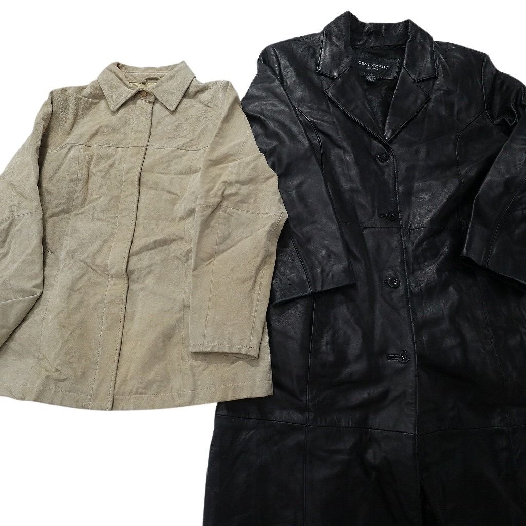 古着卸 レザー コート MIX 2枚セット レディース 比翼 ベージュ ブラック ロングコート 古着 NC6155