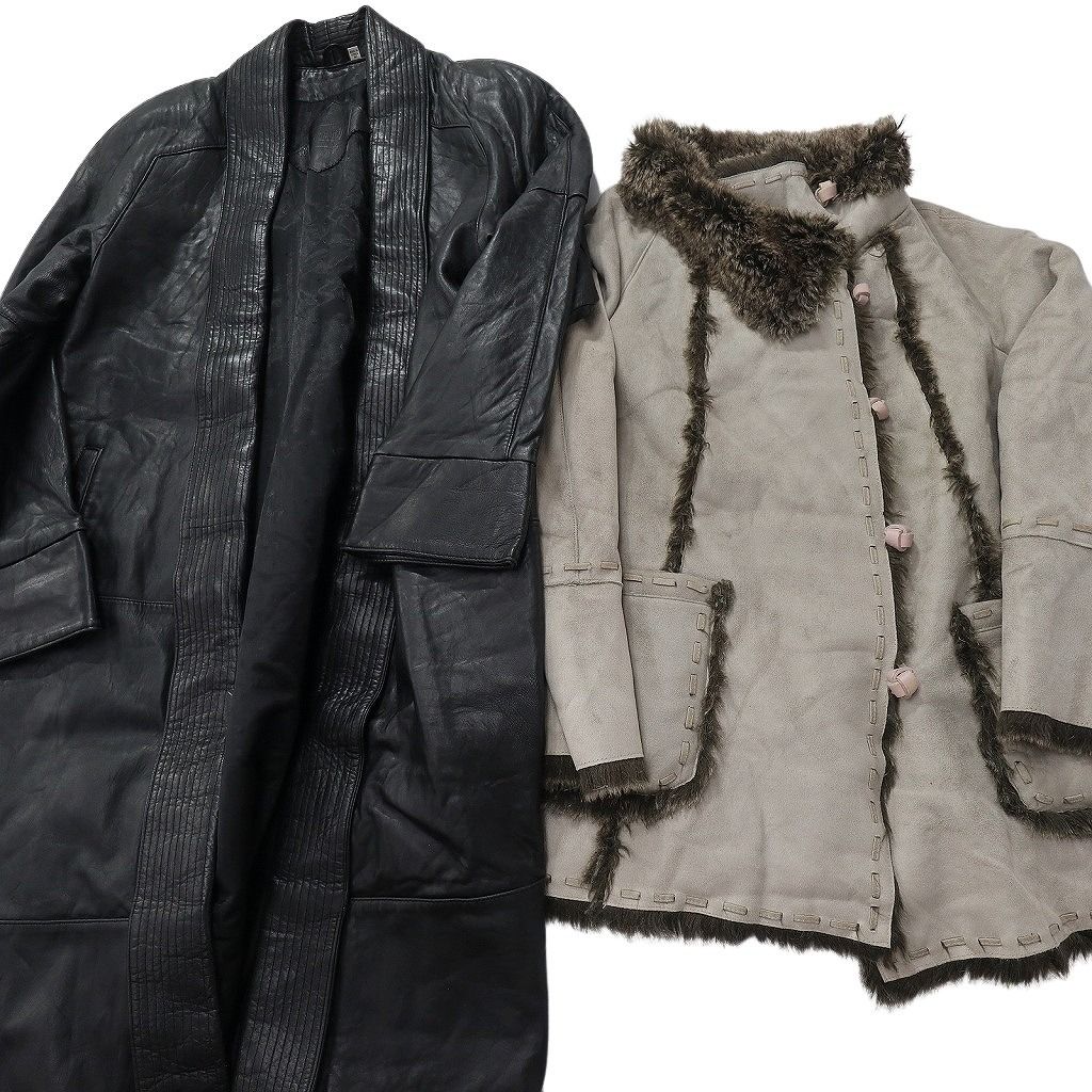 古着卸 レザー コート MIX 2枚セット レディース ガウン ブラック ファー 古着 NC6154
