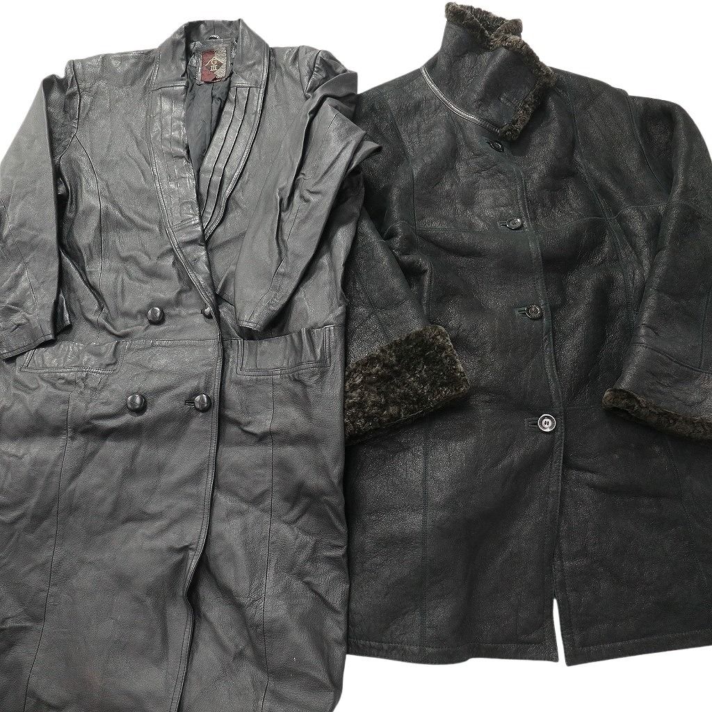 古着卸 レザー コート MIX 2枚セット レディース ダブルブレスト ロングコート ブラック 古着 NC6153