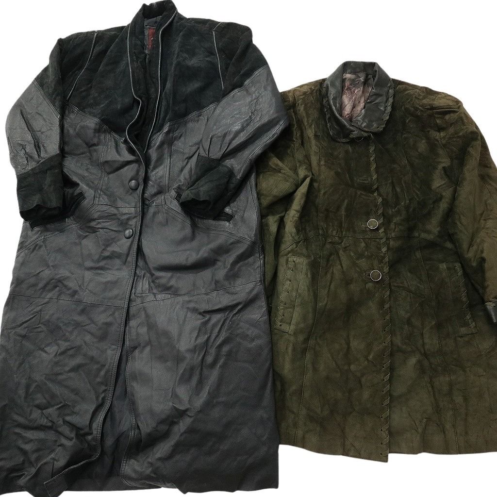 古着卸 レザー コート MIX 2枚セット レディース オリーブ 切り替え 丸襟 ブラック 古着 NC6151