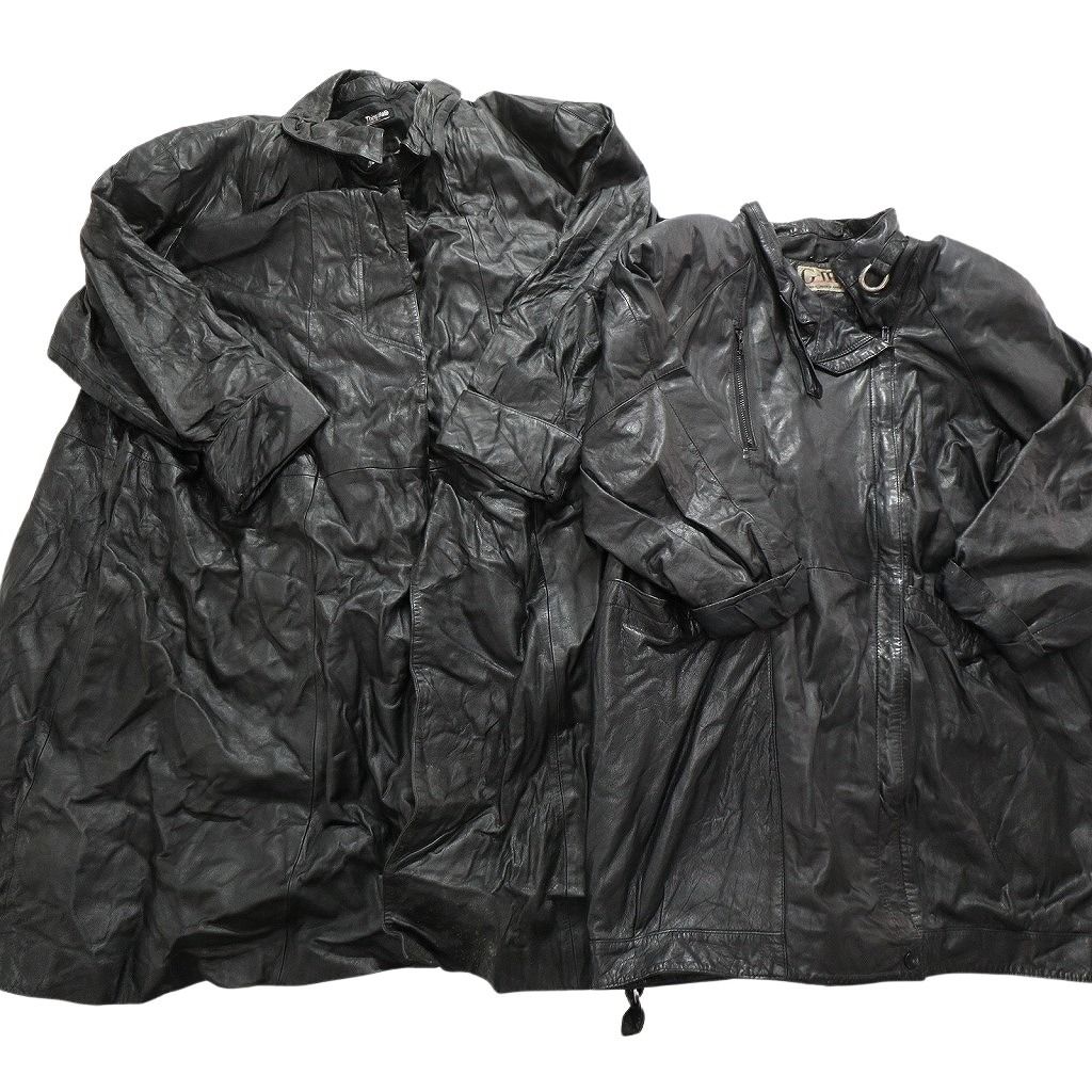 古着卸 レザー コート MIX 2枚セット レディース 比翼 ロング丈 ブラック フルジップ 古着 NC6180