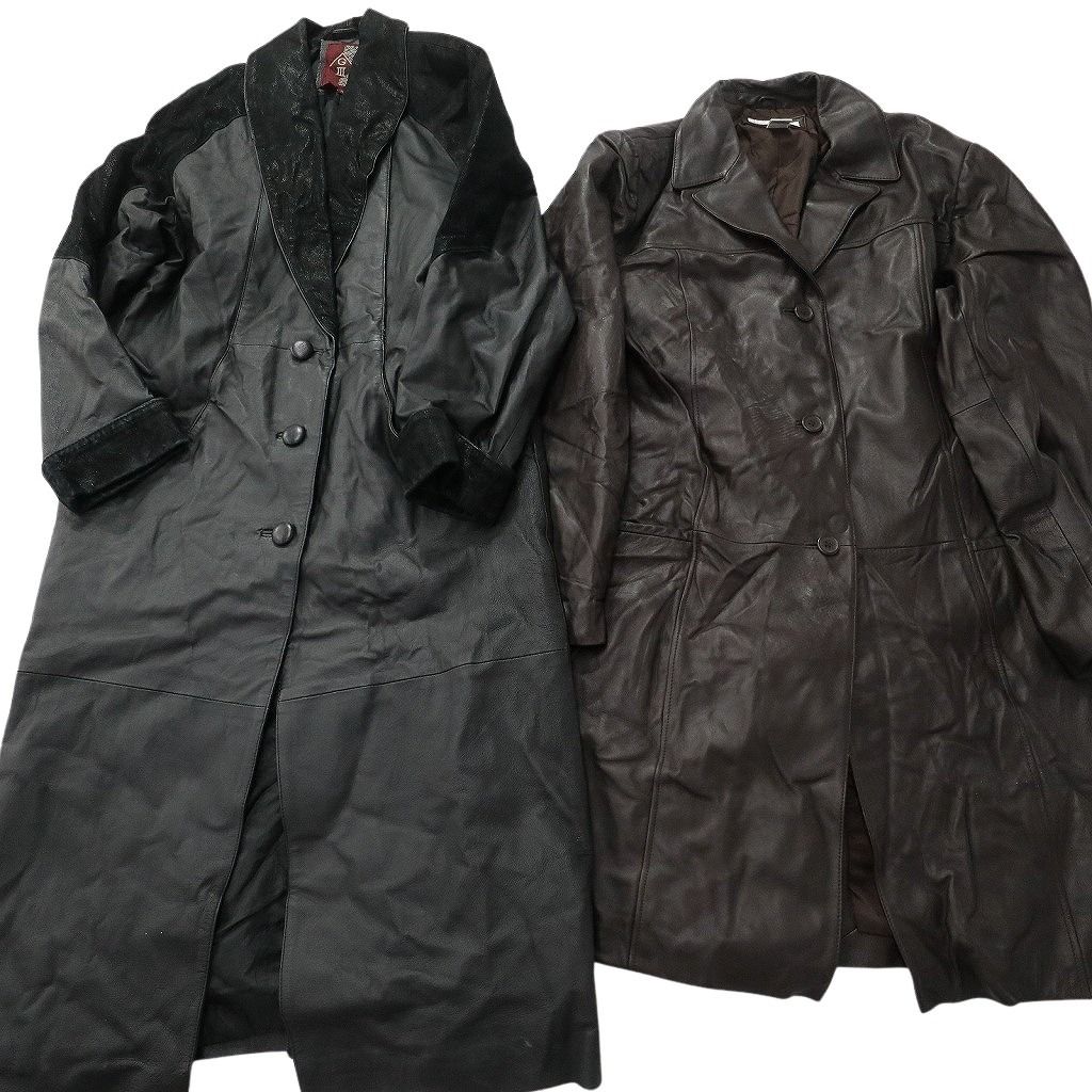 古着卸 レザー コート MIX 2枚セット レディース オープン 切り替え ブラック ロングコート 古着 NC6150