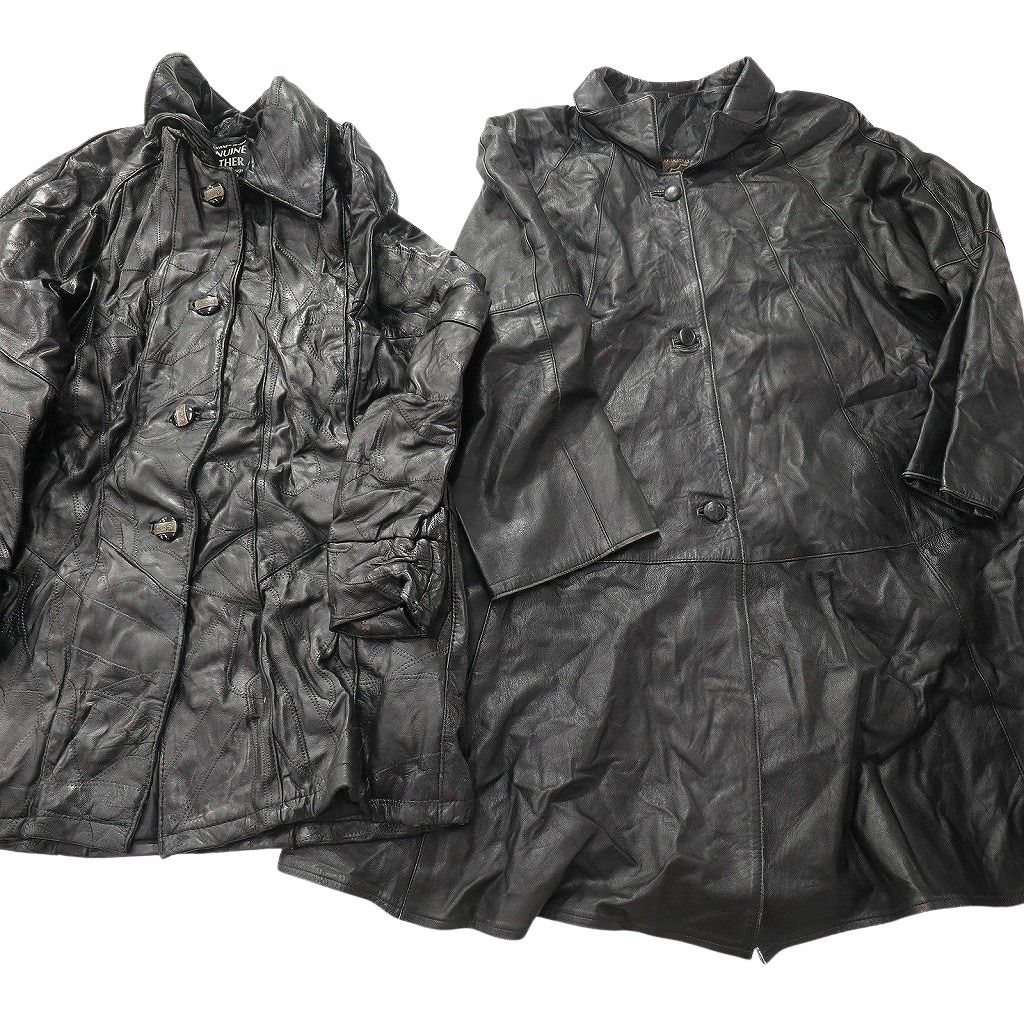 古着卸 レザー コート MIX 2枚セット レディース 襟付き ブラック つぎはぎ加工 古着 NC6147