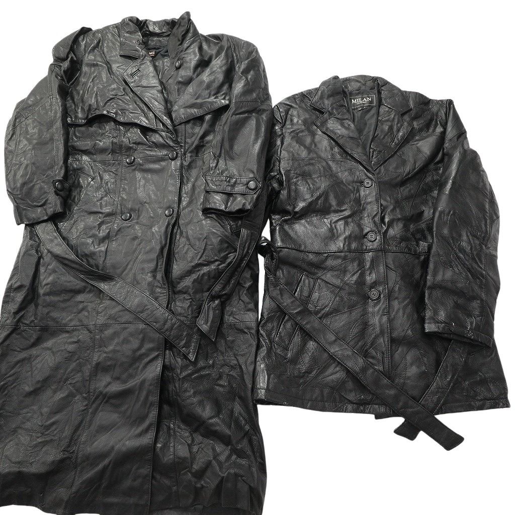 古着卸 レザー コート MIX 2枚セット レディース ダブルブレスト ロングコート ベルト付き 古着 NC6146