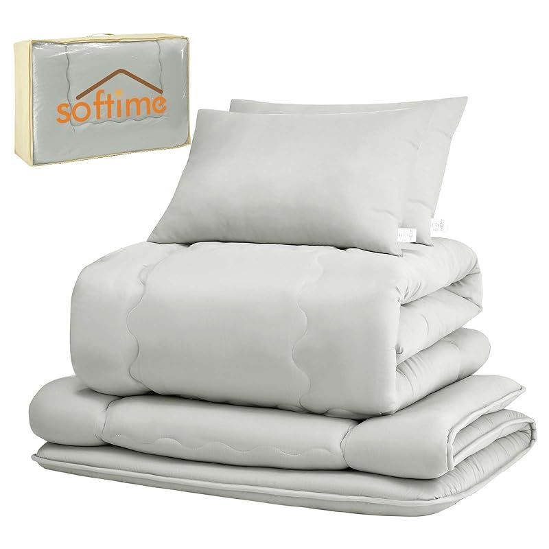 在庫 Softime 布団セット ダブル 5点セット 中綿2.0kg掛け布団 高密度固綿入り 三層敷き布団 ふわふわ枕2枚 便利な収納ケース 来客用布団セット SEK認証 抗菌 防臭 寝具セット ピーチスキン加工 オールシーズン グレー