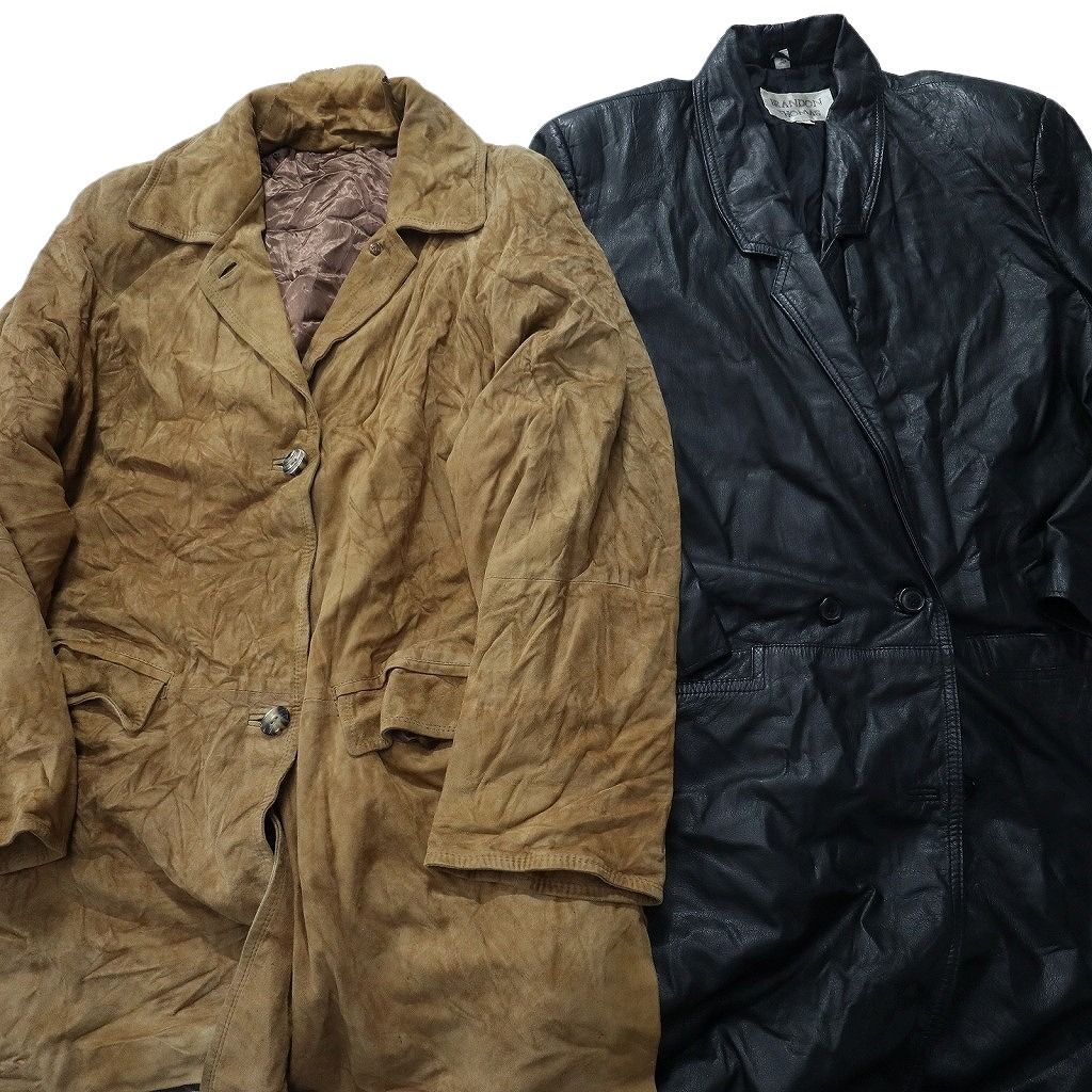 古着卸 レザー コート MIX 2枚セット レディース スエード ロング丈 チェスター キャメル ブラック 古着 NC6194
