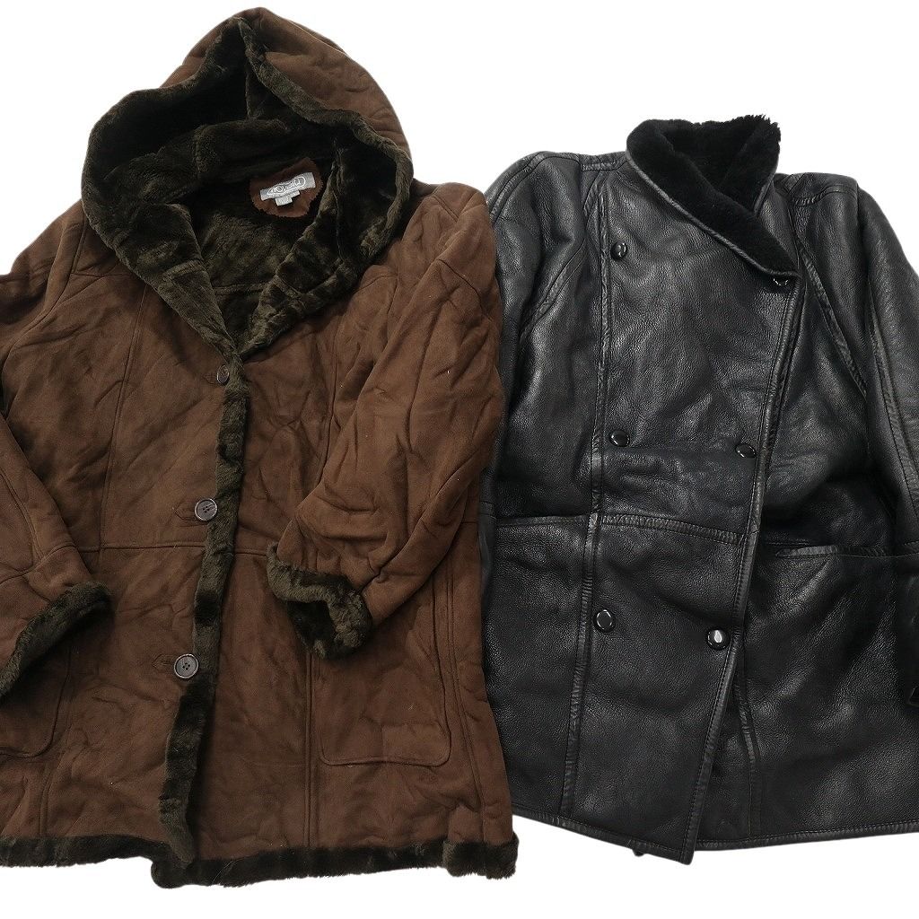 古着卸 レザー コート MIX 2枚セット レディース フーディー ムートン 茶色 ダブル ボア 古着 NC6192