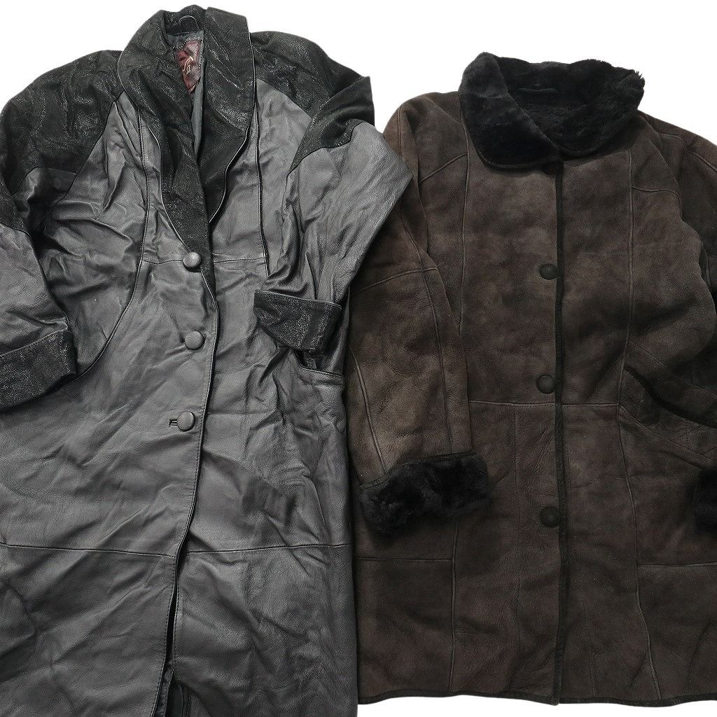 古着卸 レザー コート MIX 2枚セット レディース 切り替えデザイン ロング丈 ムートン 茶色 ブラック 古着 NC6191