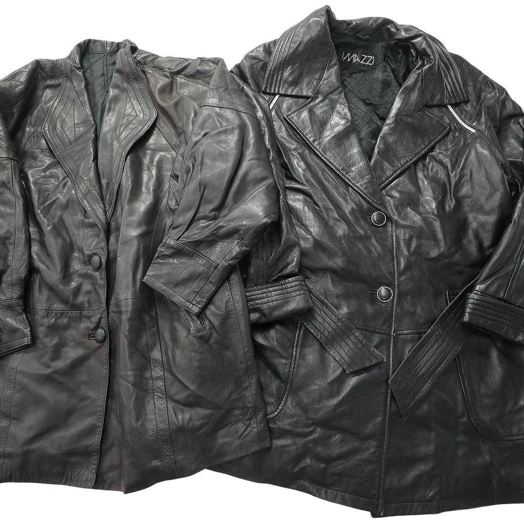 古着卸 レザー コート MIX 2枚セット レディース シングル ウエストベルト Aライン ミドル丈 ブラック 古着 NC6190