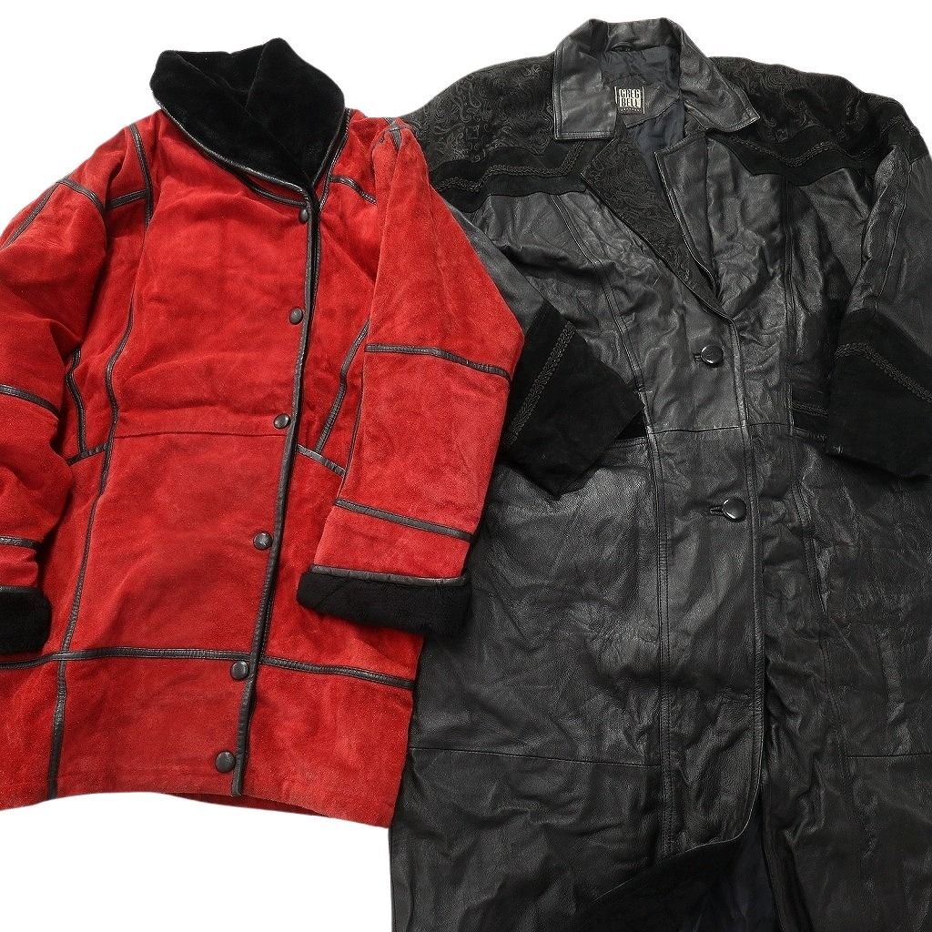 古着卸 レザー コート MIX 2枚セット レディース スエード ロング丈 ムートン 赤 ブラック 切り替え 古着 NC6188