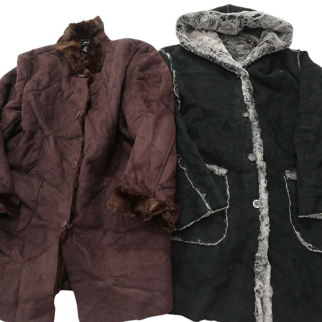 古着卸 レザー コート MIX 2枚セット レディース ムートン 茶色 スエード フーディー ブラック 古着 NC6187