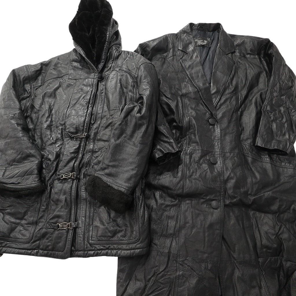 古着卸 レザー コート MIX 2枚セット レディース フーディー 比翼 ファー ロング丈 ブラック シングル 古着 NC6186