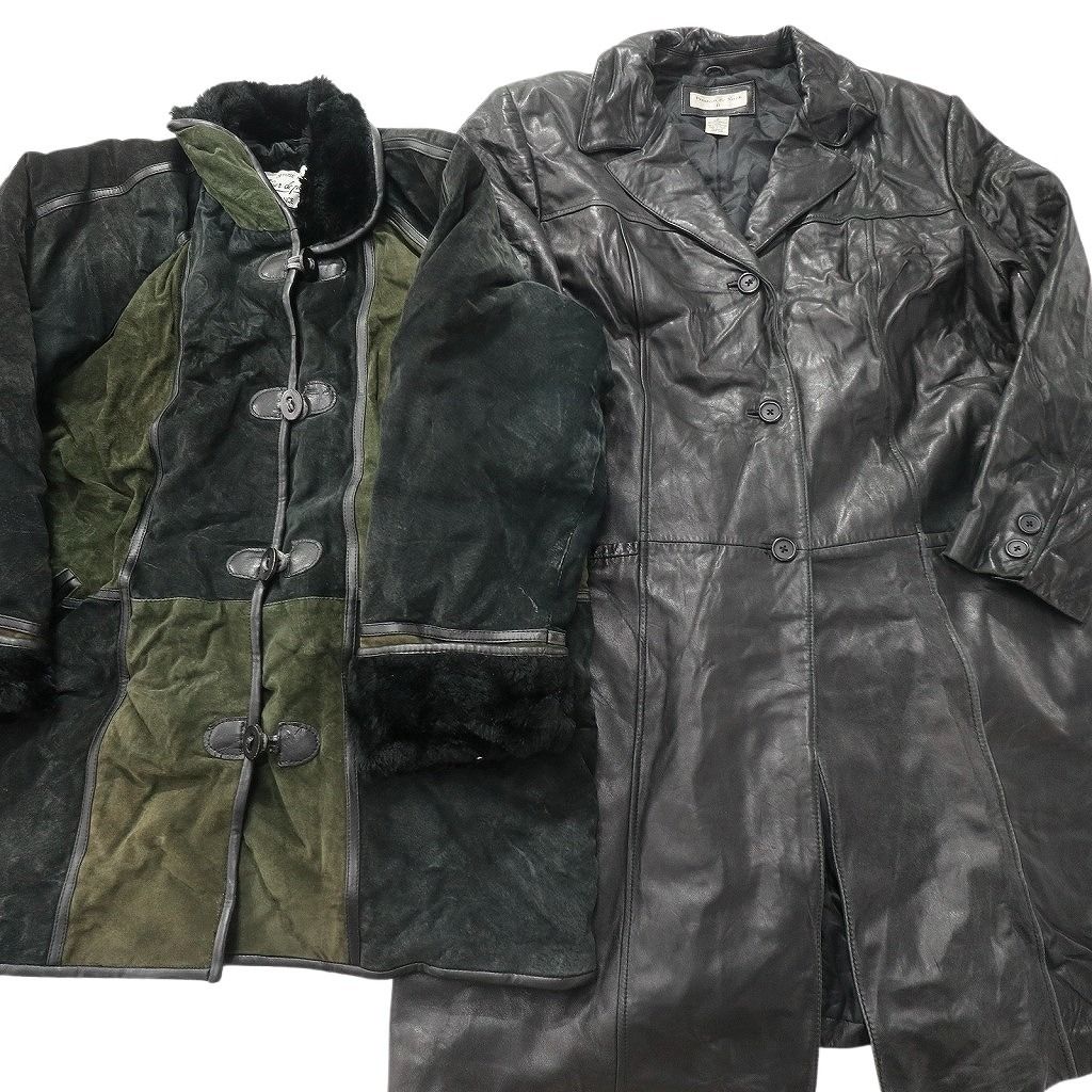 古着卸 レザー コート MIX 2枚セット レディース ムートン バイ ロング丈 シングル ブラック 古着 NC6182