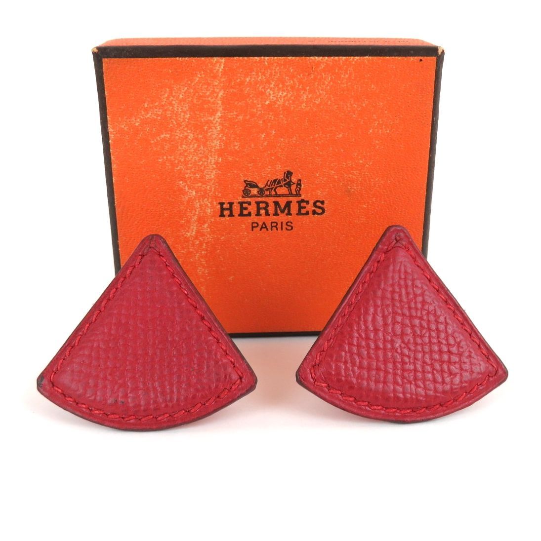 HERMES エルメス レザーイヤリング 三角 トライアングル 扇型 レッド 外 rk9956